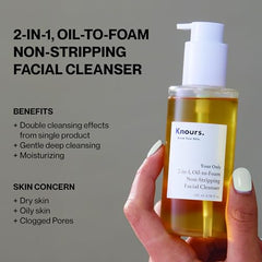 Knours Korean Cycle 2-in-1 cleanser pump-foam close-up shows gentle foaming cleanse.