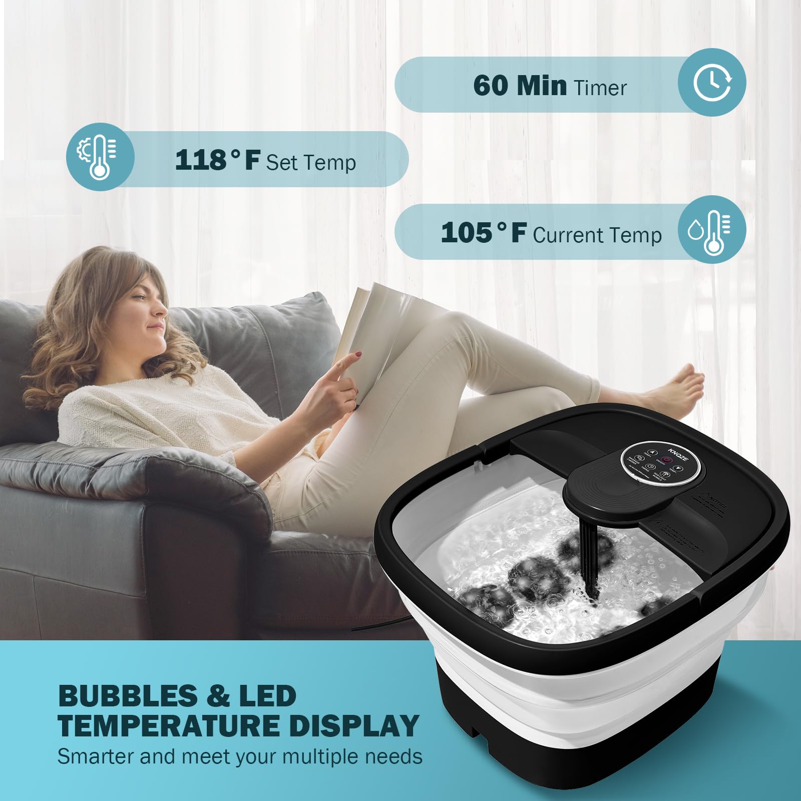 KNQZE Foot Spa digital timer demonstrates customizable soak duration for flexible routines