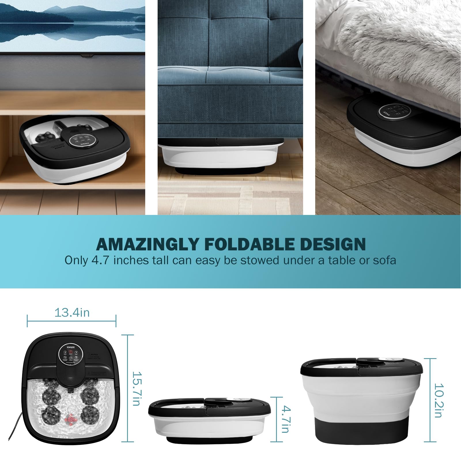 KNQZE Foot Spa in use depicts relaxing soak after workouts or long shifts