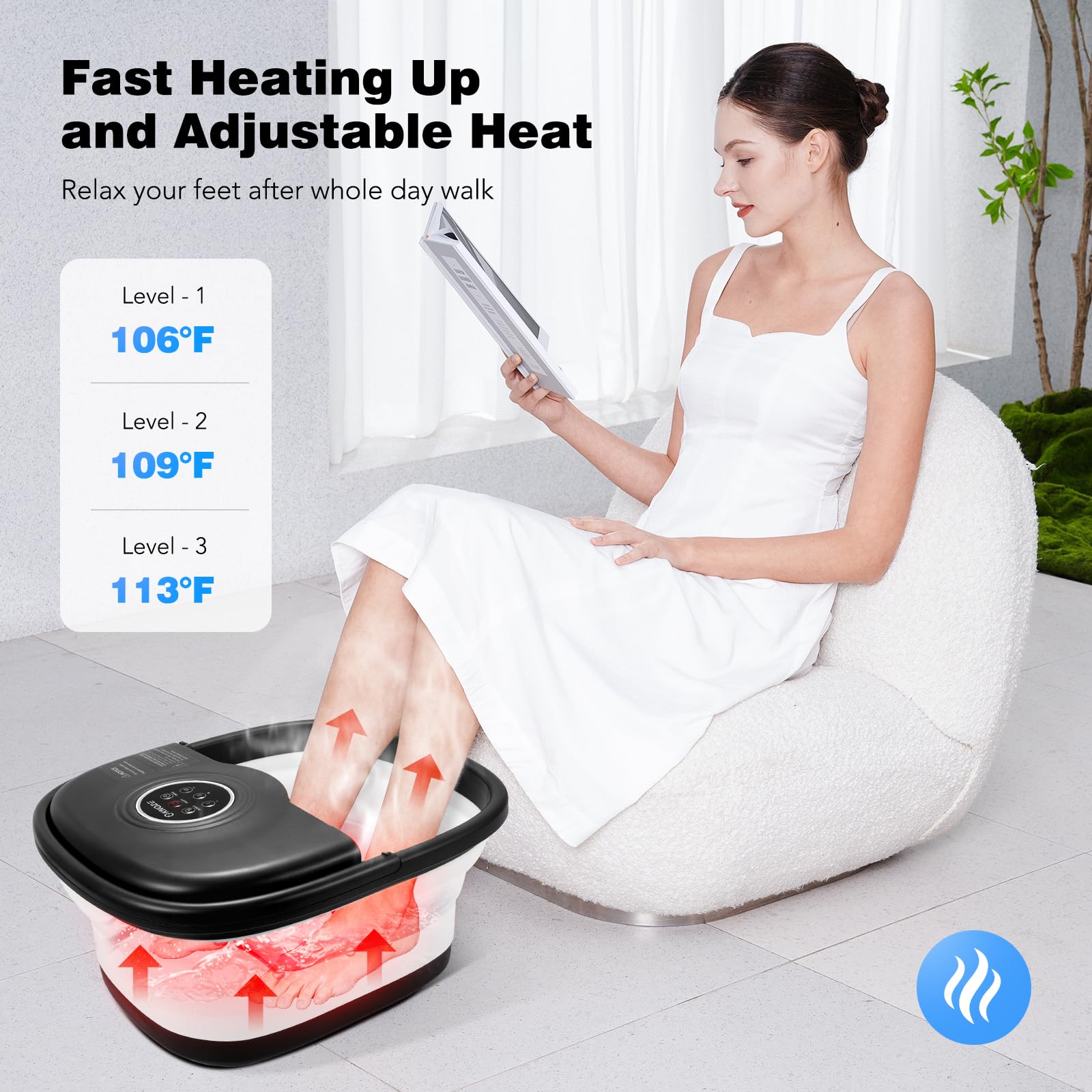 KNQZE foot spa with vibration rollers enhances foot relaxation during soak.
