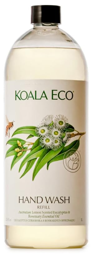 Koala Eco Hand Wash bottle showcases lemon eucalyptus scent for refreshing hand cleansing.