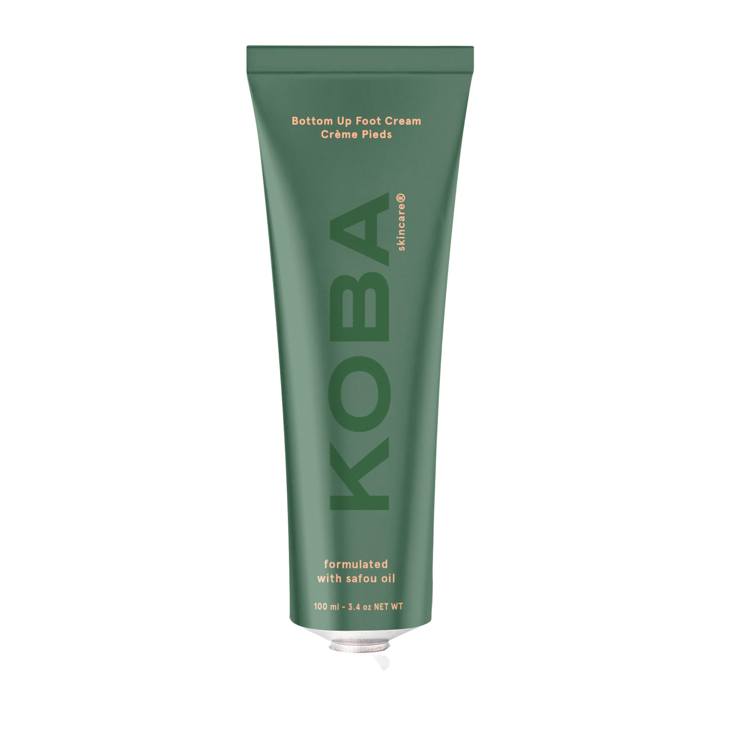 KOBA Bottom Up Foot Cream tube closeup showing moisturizing, hydrating formula.