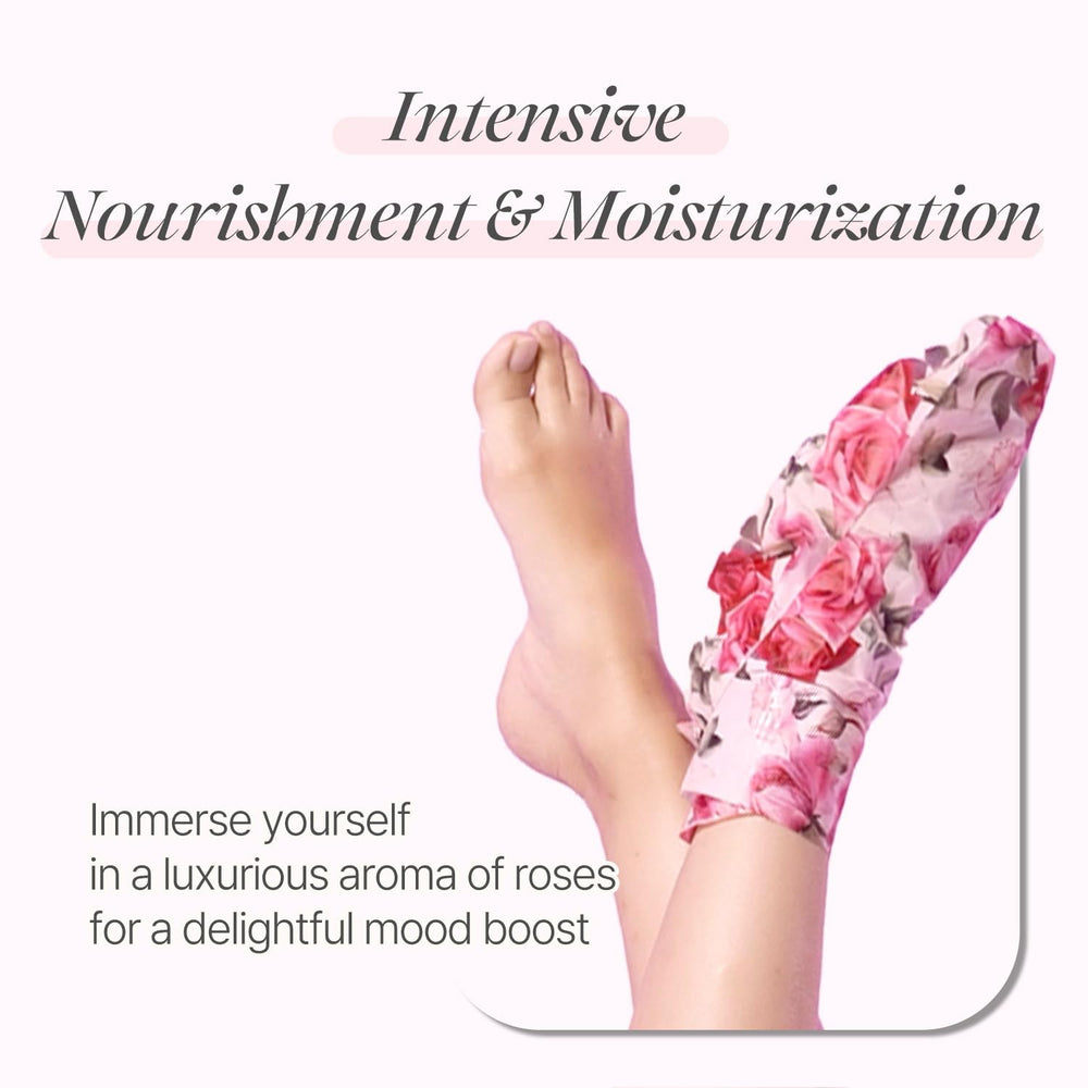 Koelf Petitfee Rose Petal Satin Foot Mask being worn for application