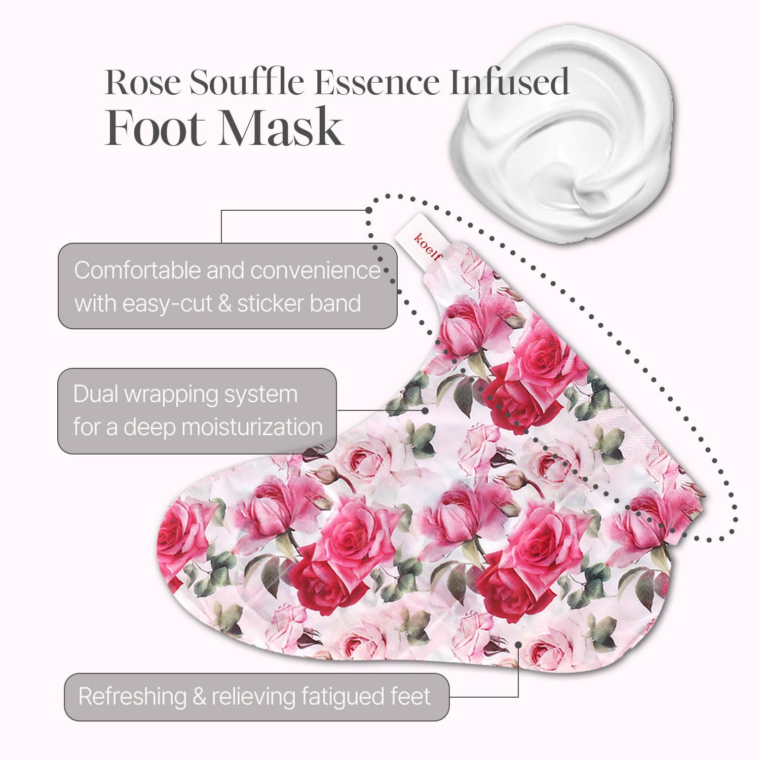 Koelf Petitfee Rose Petal Satin Foot Mask ceramide and shea butter in use