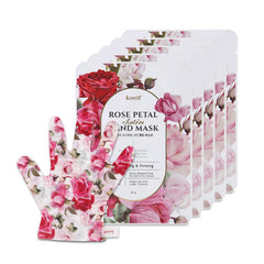 Koelf PETITFEE Rose Petal Satin Hand Mask pack shows five moisture-glove masks for nourishing care.