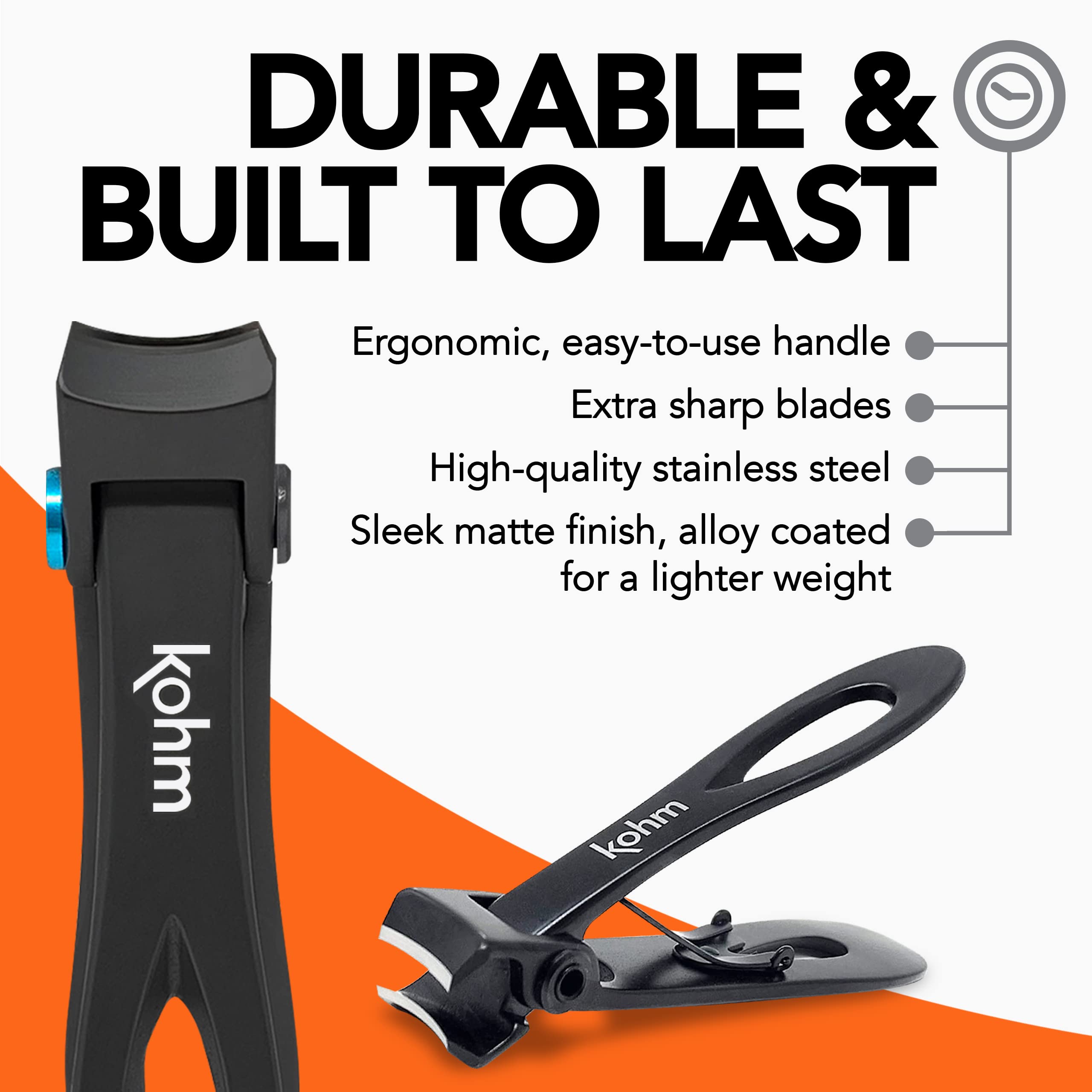 KOHM nail clippers durable stainless-steel construction for long-lasting performance.
