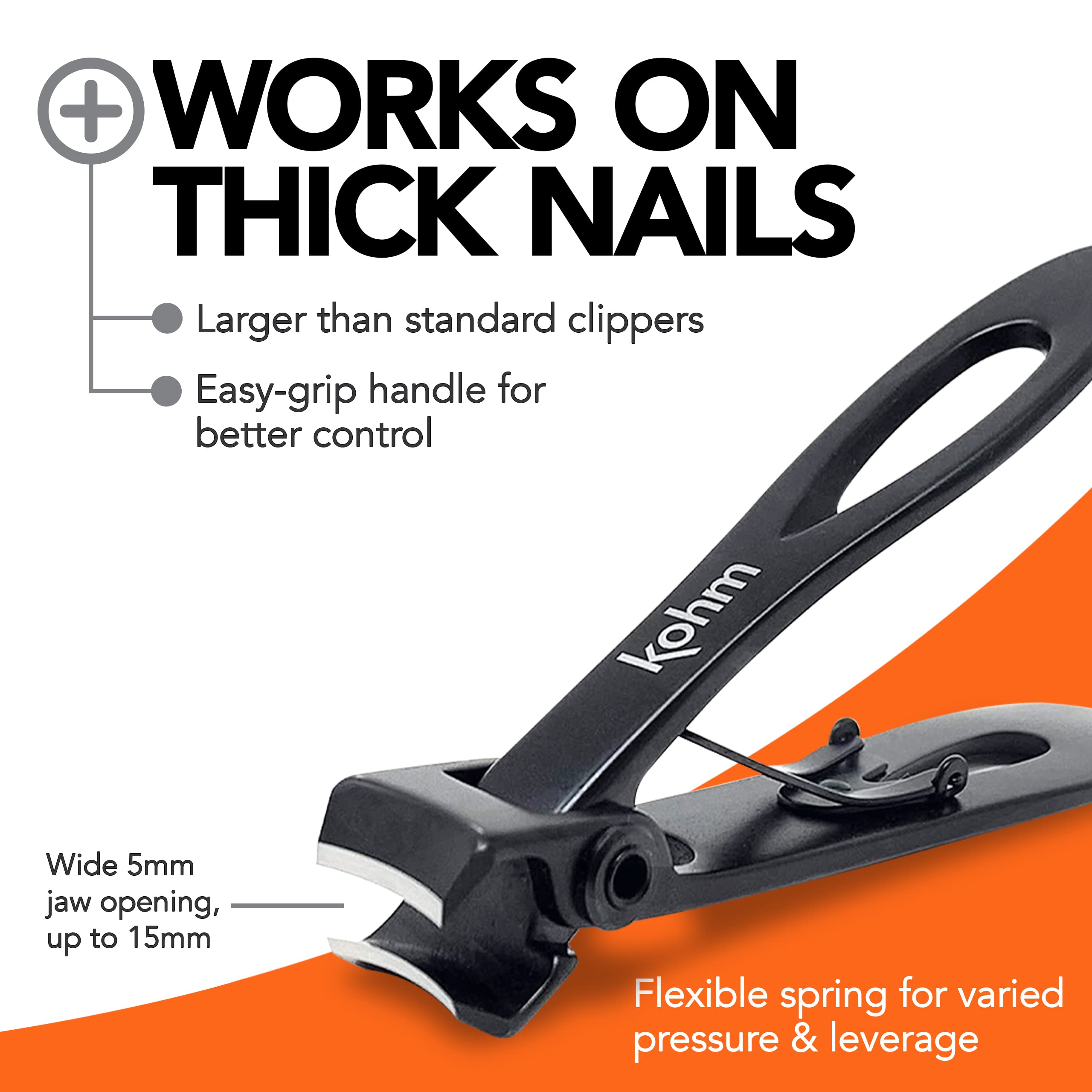 KOHM nail clippers ergonomic grip with matte finish for comfortable handling.
