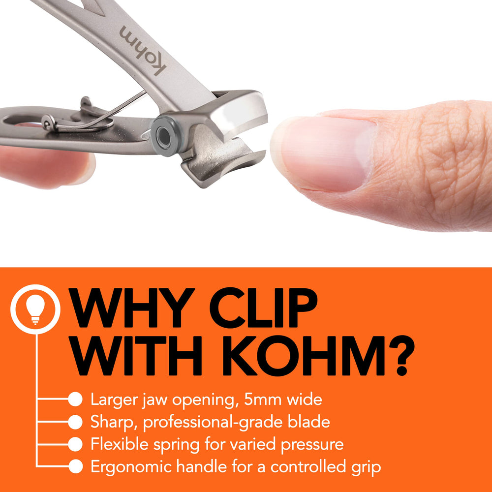 KOHM fingernail trimming close-up showing precision edge.
