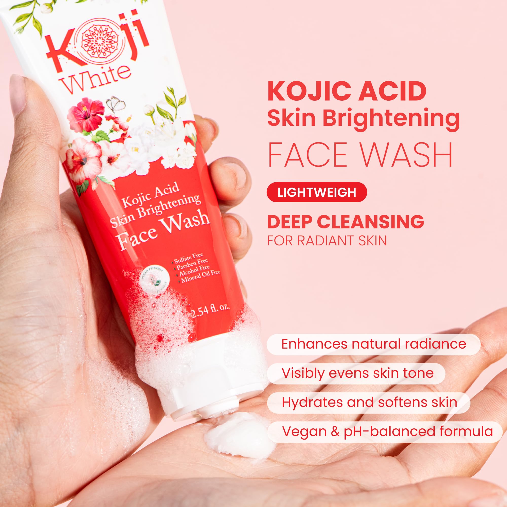 Koji White foaming face wash lather shows a rich, refreshing cleanse.