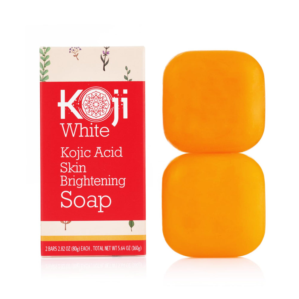 Koji White Pure Kojic Acid Soap packaging closeup highlights vegan formula for daily cleansing
