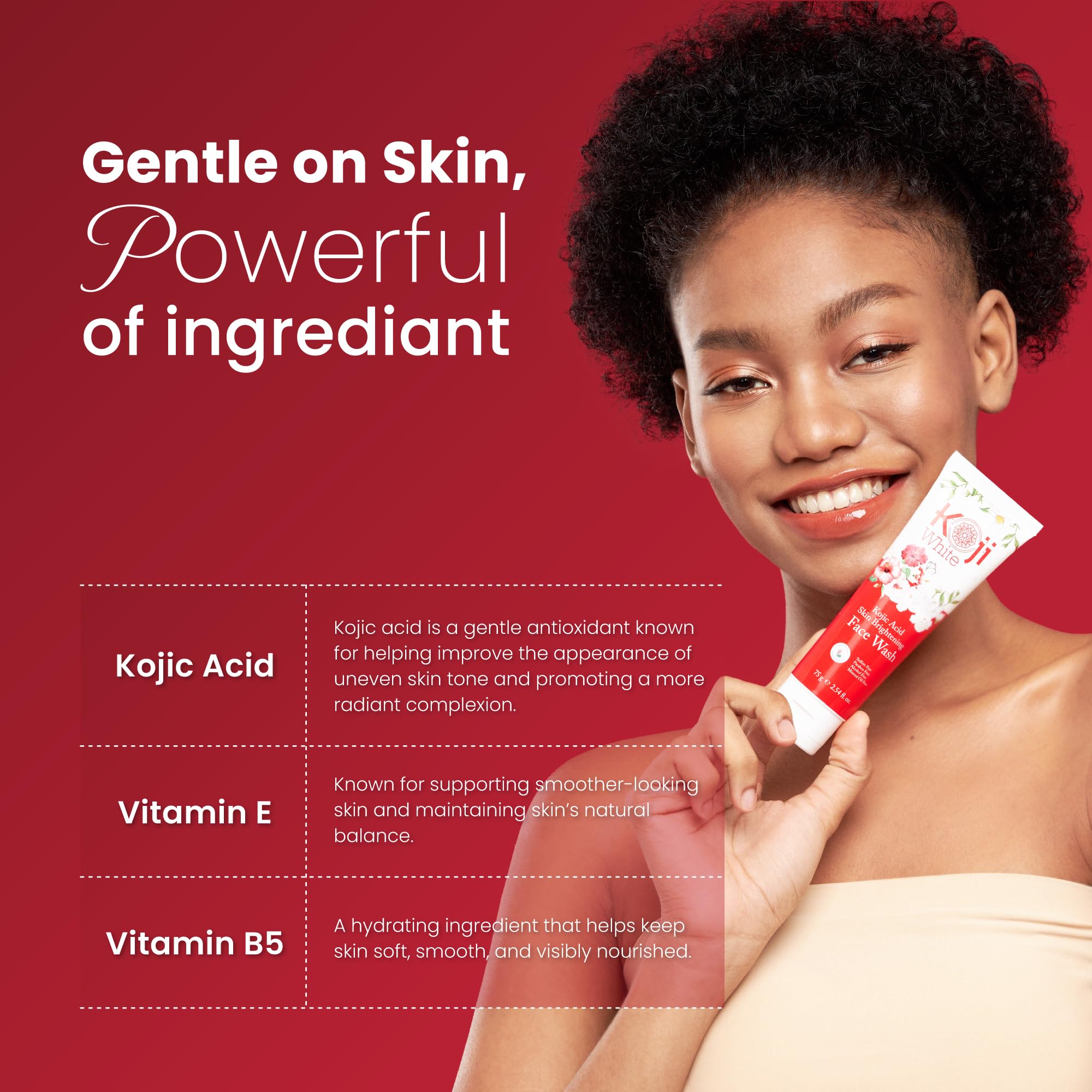Koji White Vitamin E moisturization closeup shows skin hydration benefits.