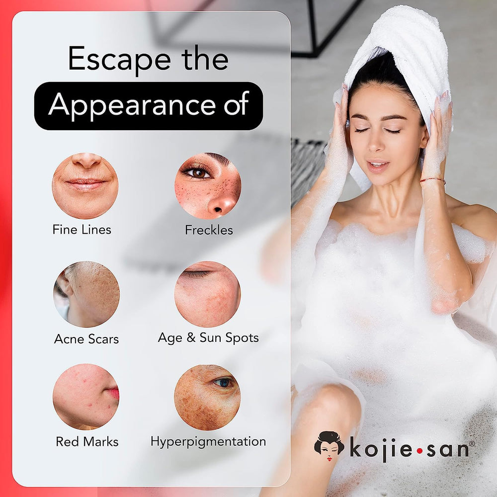 Kojie San Kojic acid closeup highlights key ingredient for gentle brightening.