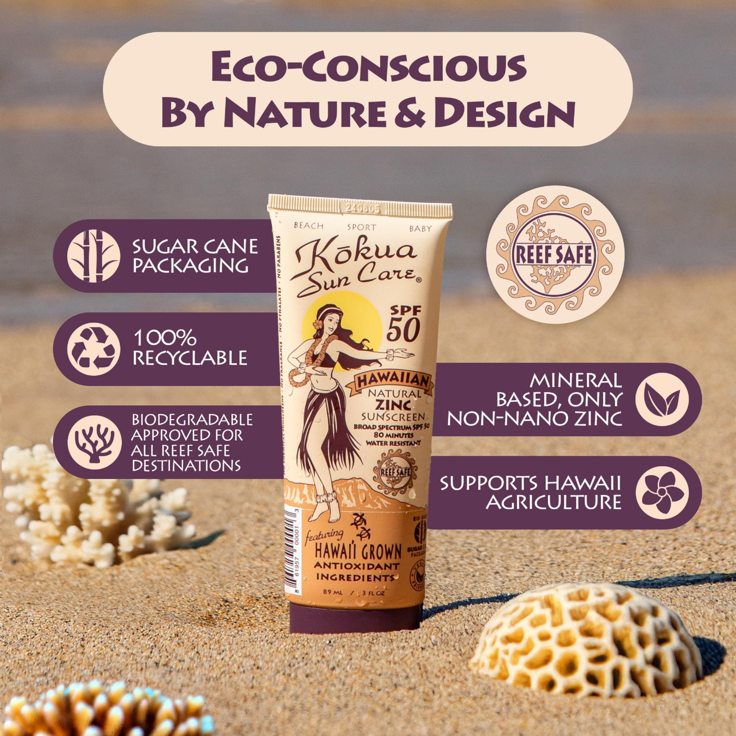 Kokua Sun Care reef-safe packaging highlighting vegan cruelty-free biodegradable tubes