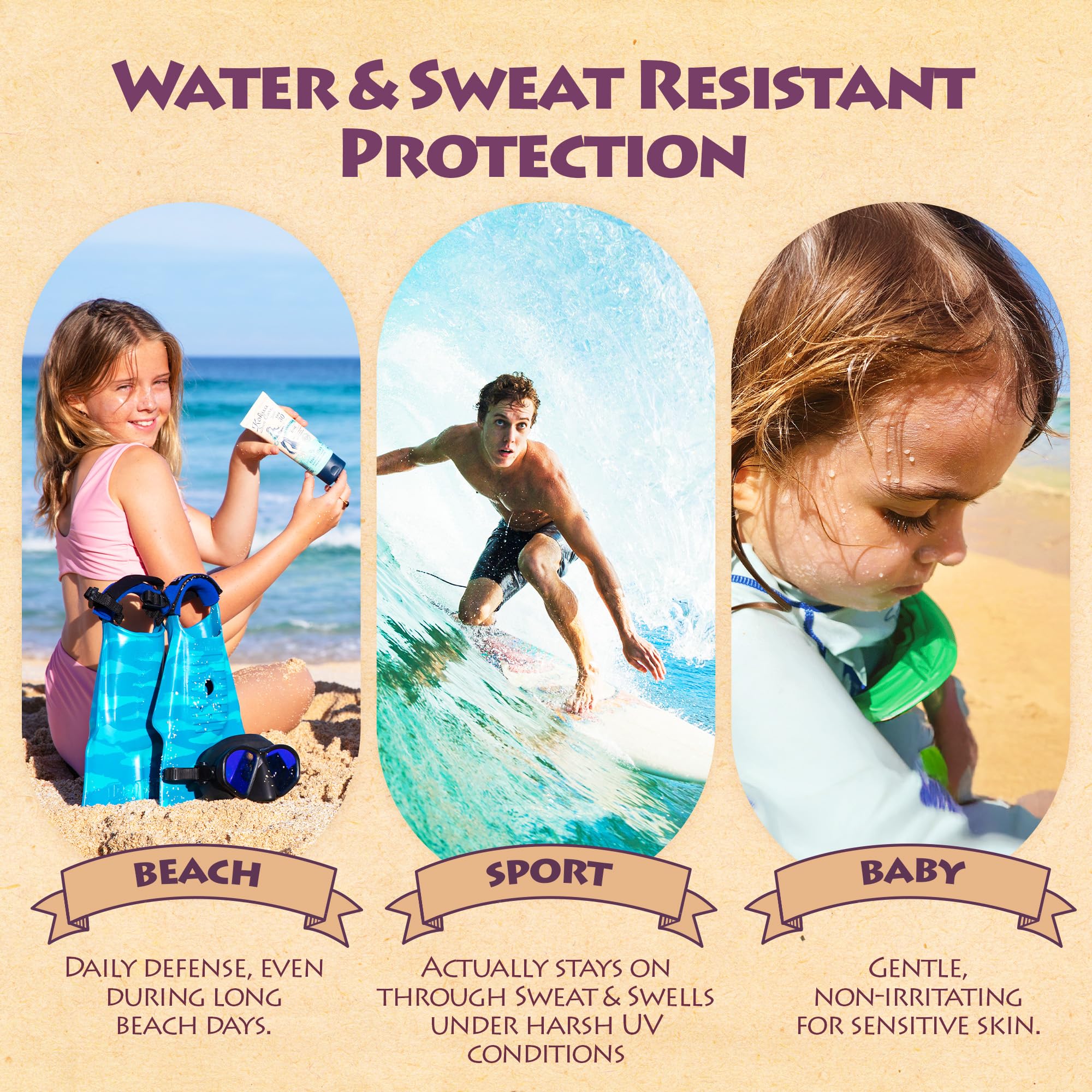 Kokua Sun Care on beach with water splash showing 80-minute water resistance