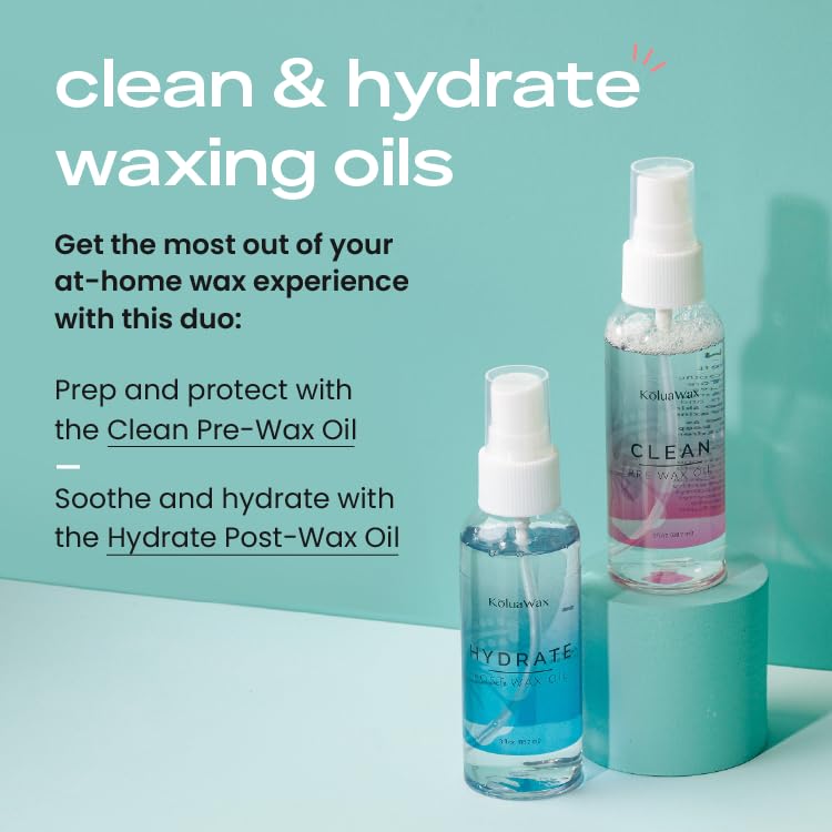 KoluaWax Hydrate Post-Wax Oil bottle shown for soothing skin and reducing redness.