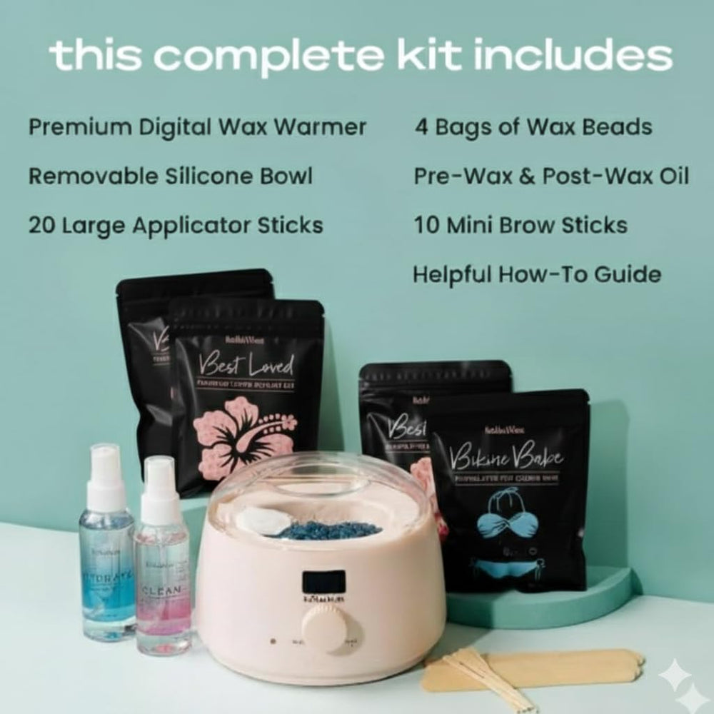 KoluaWax pre- and post-wax oils shown for smoother skin prep.