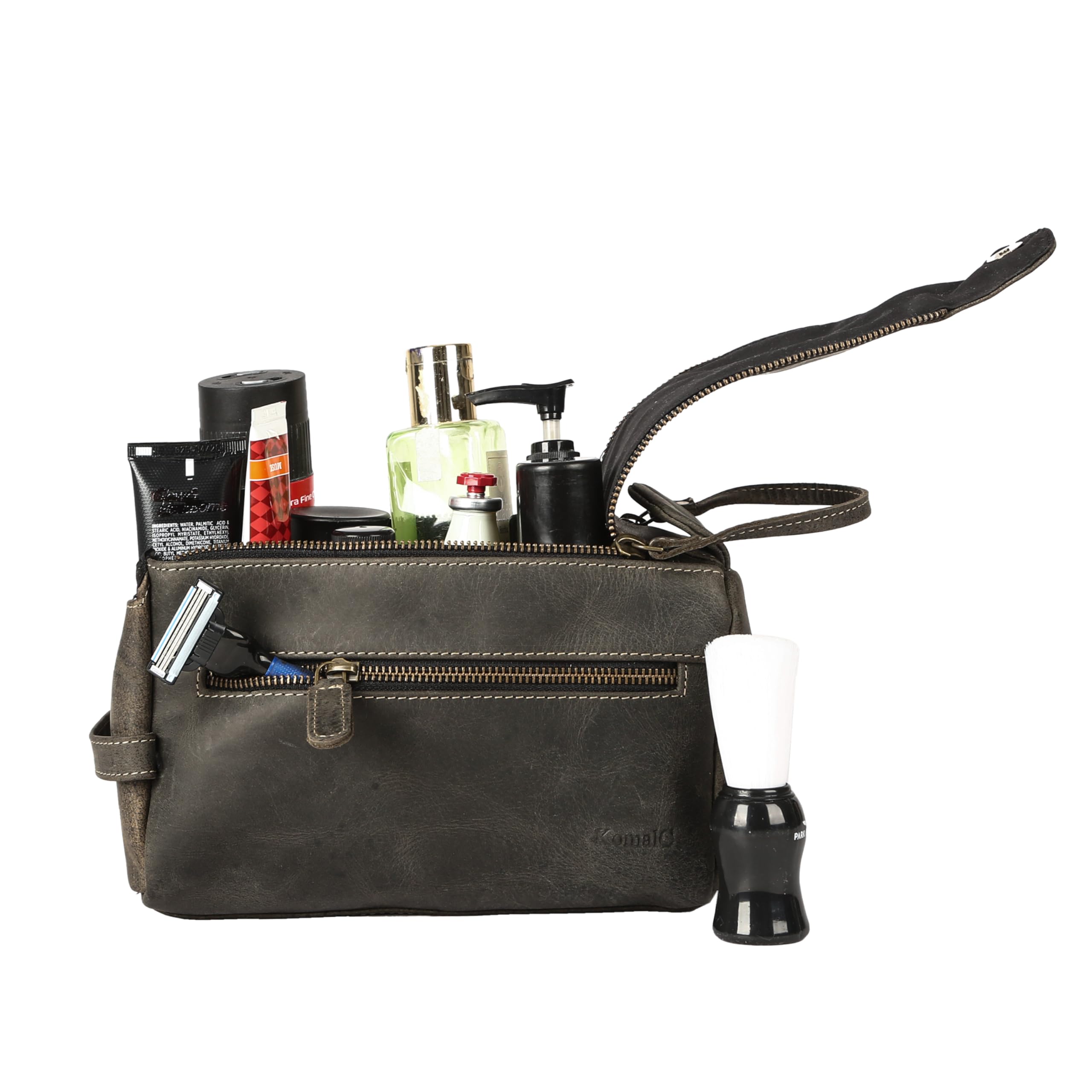 KomalC premium leather toiletry bag ready for everyday or weekend getaways.