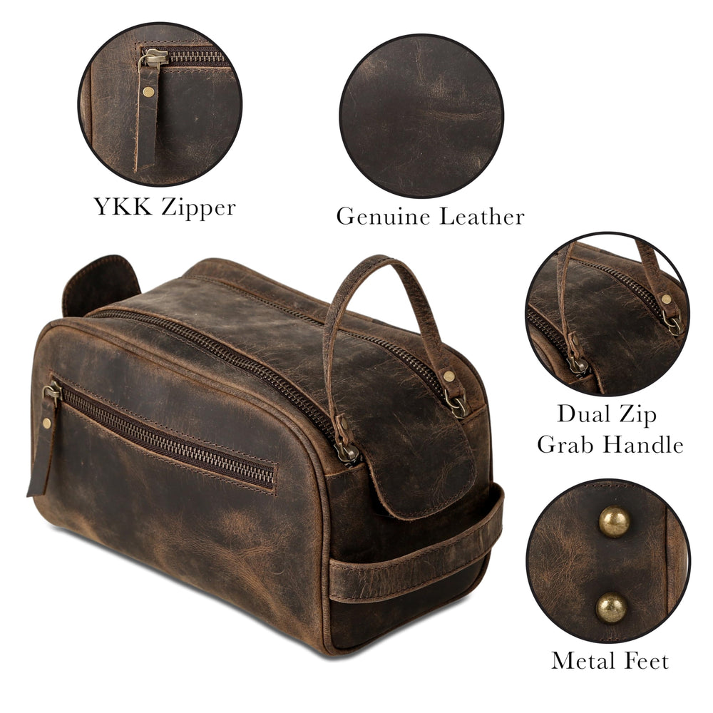 KomalC leather toiletry bag YKK zipper close-up demonstrates durable, secure closure.