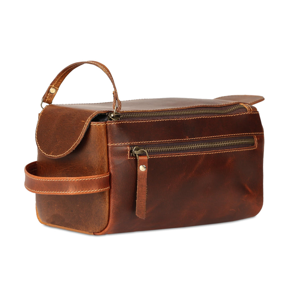 KomalC premium buffalo leather Dopp Kit exterior in distressed orange tan for travel style