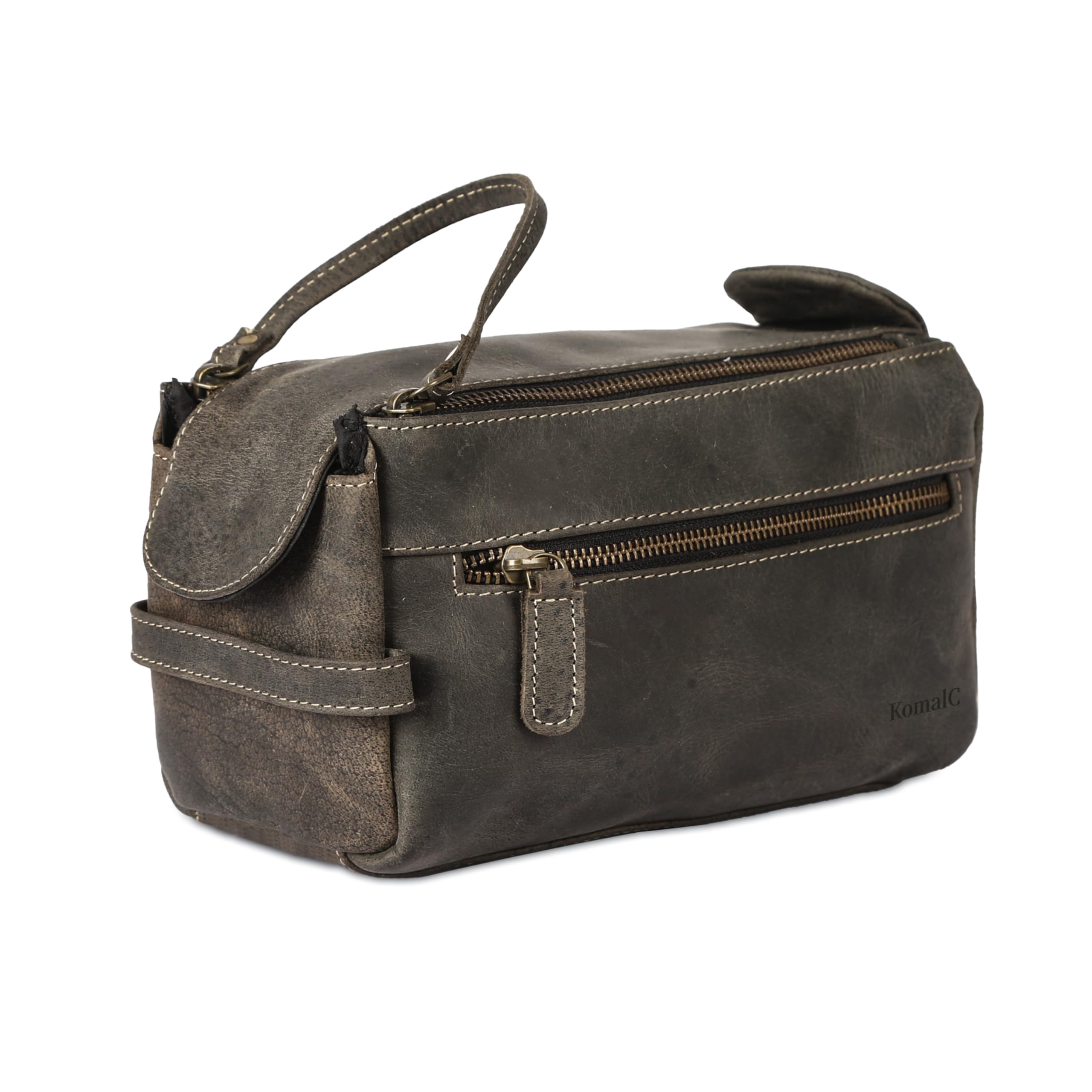 KomalC premium buffalo leather dopp kit front view, a durable travel essential.
