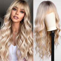 KOME Ombre blonde wig with bangs front view for daily wear and bold style.