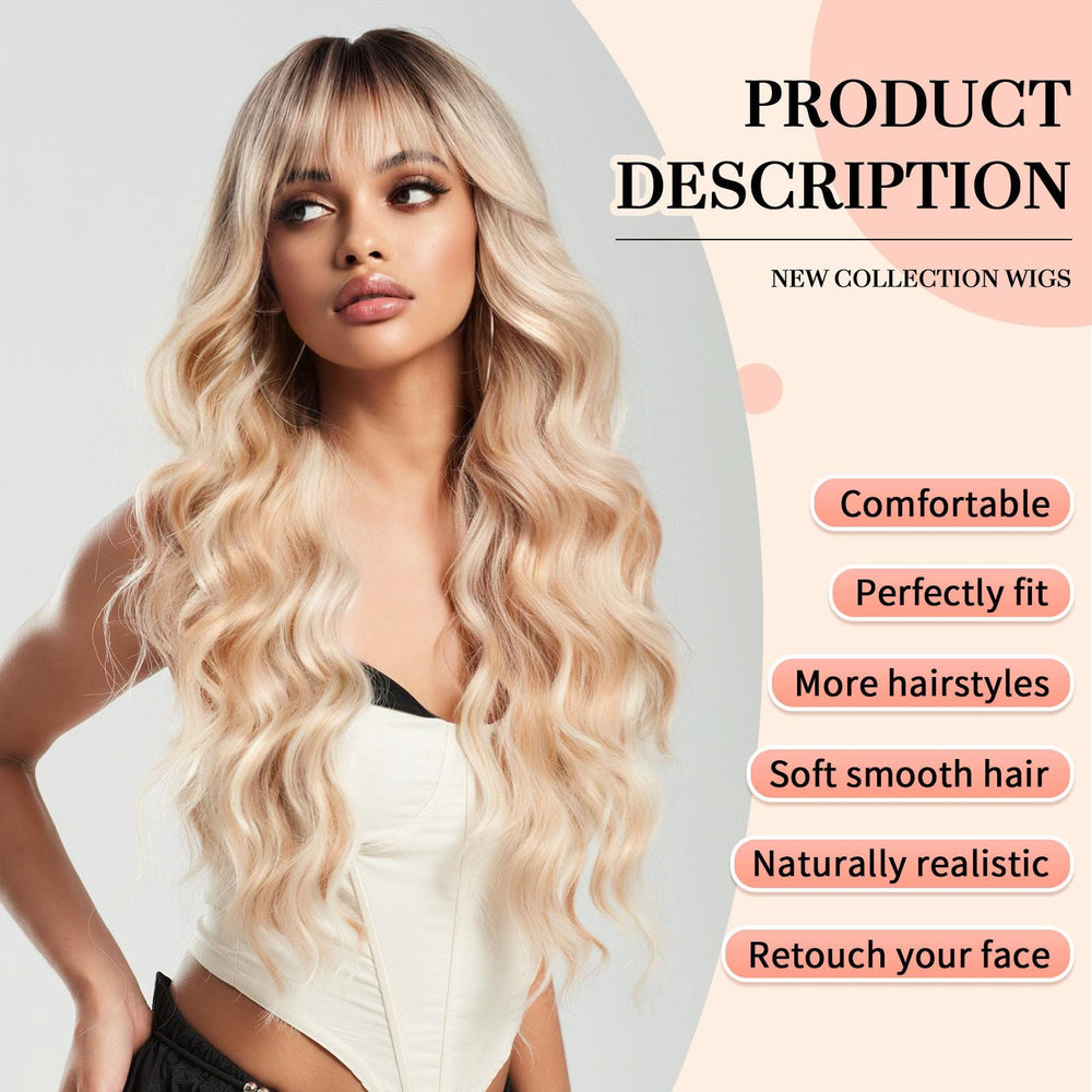 KOME Ombre blonde wig with bangs side view showing voluminous curls for cosplay.