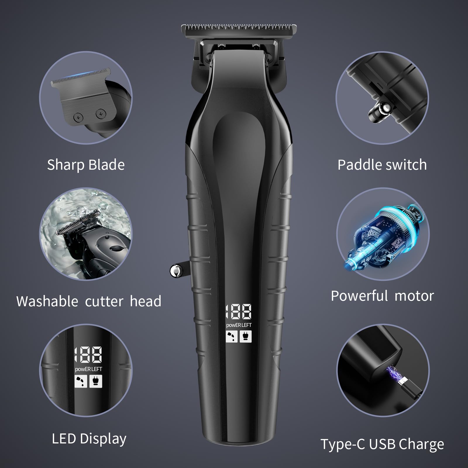 KOMINGDON beard trimmer blade close-up shows durable ceramic blades for smooth cuts