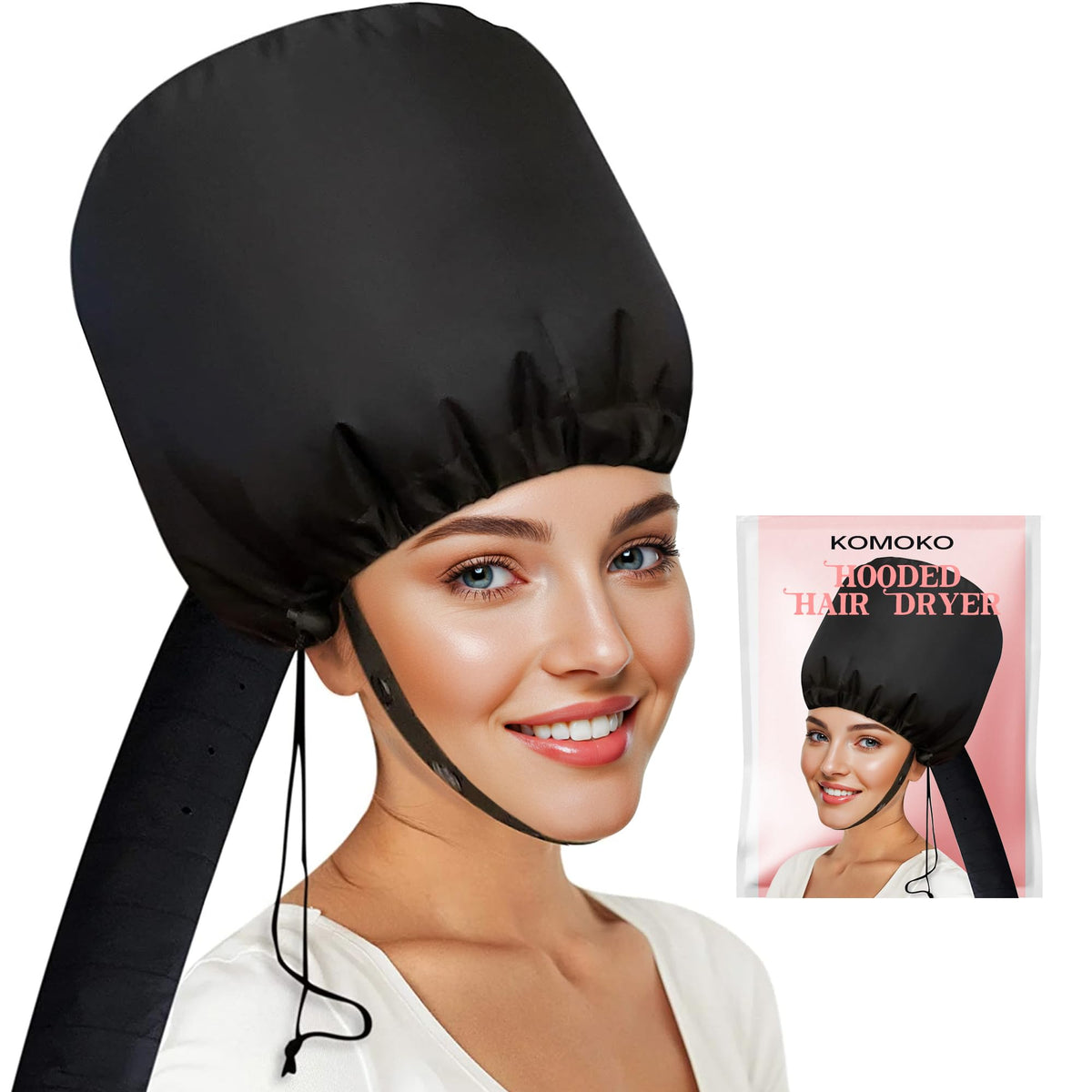 Komoko hooded hair dryer bonnet closeup highlighting premium stitching and waterproof fabric for durable conditioning.