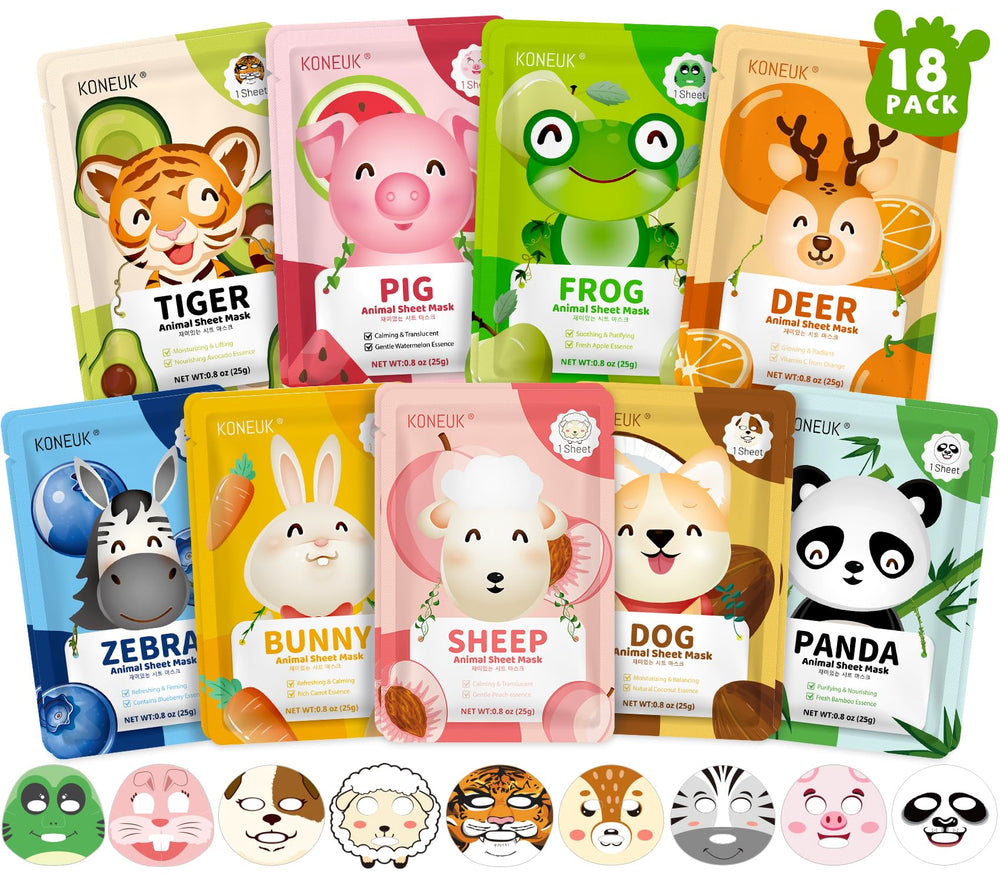 KONEUK 18-pack animal face masks for kids, a fun skincare ritual and party favor