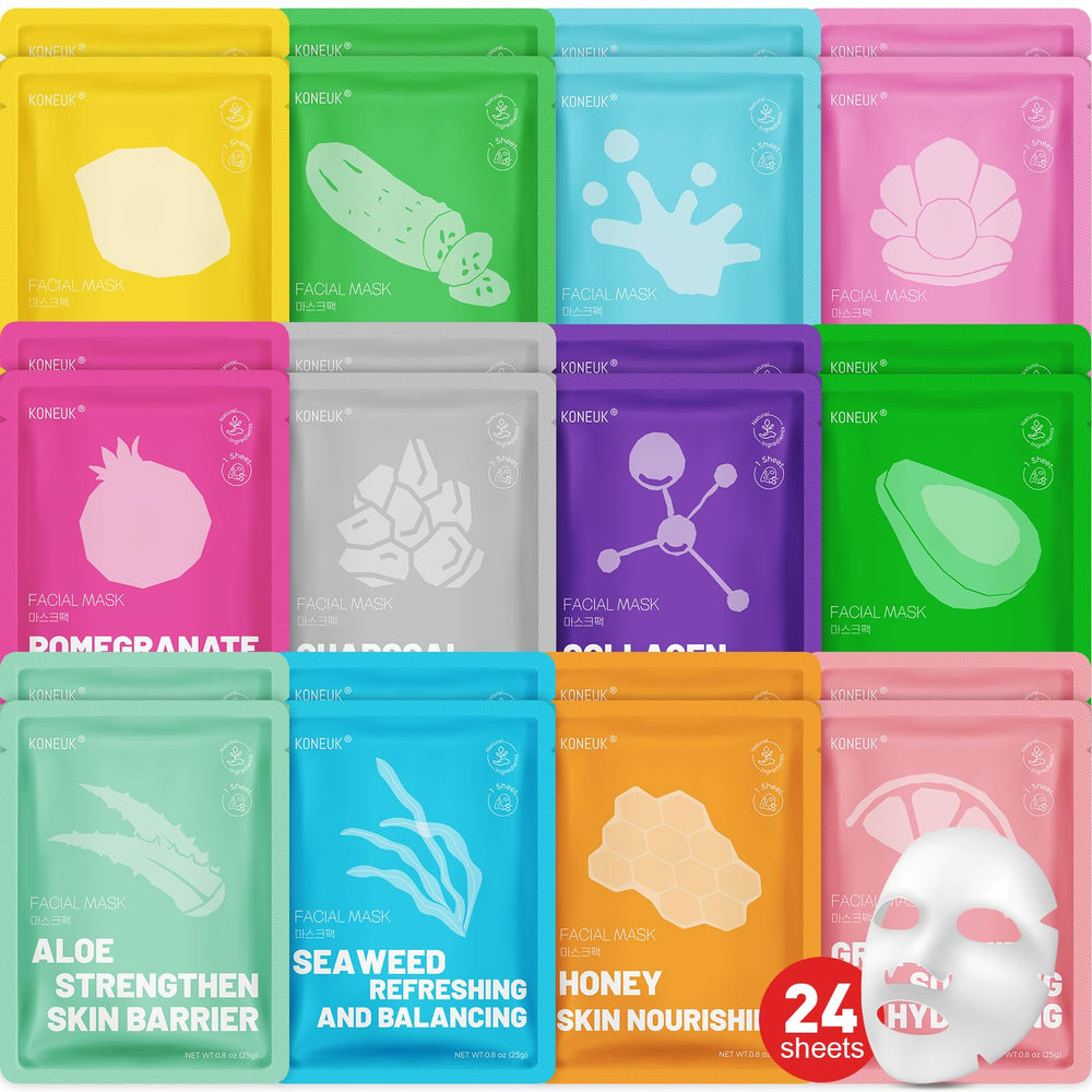 KONEUK 24-pack face masks collage packaging for daily hydration and self-care