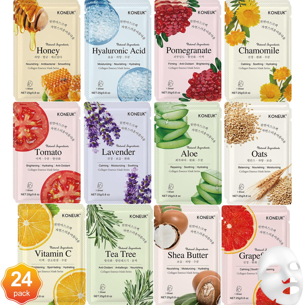 KONEUK 24-pack sheet masks variety pack for daily hydration.