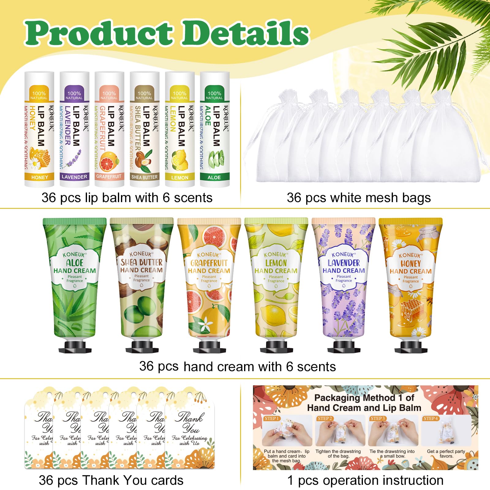 KONEUK 36 pack lip balms bulk set in six scents for on the go moisture