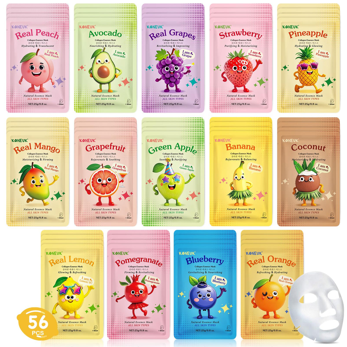KONEUK 56-pack fruit face masks packaging highlights variety for daily skincare rituals