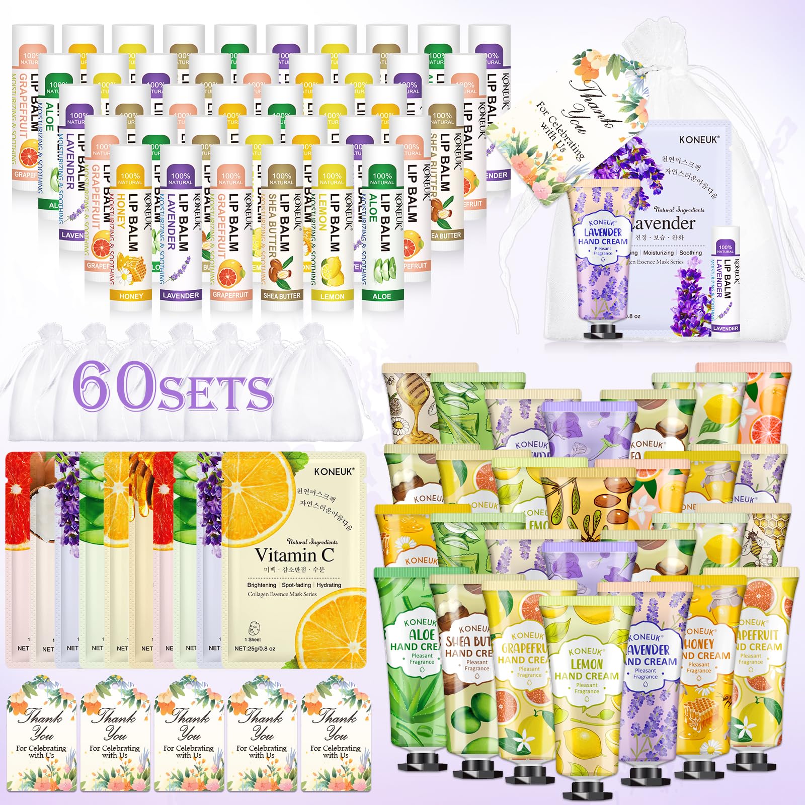 KONEUK 60-pack lip balms in six scents for wedding favors and guest gifts.
