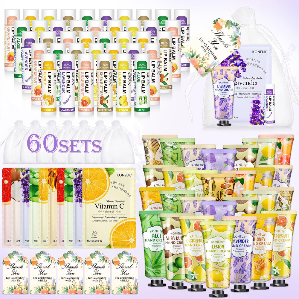 KONEUK 60-pack lip balms in six scents for wedding favors and guest gifts.