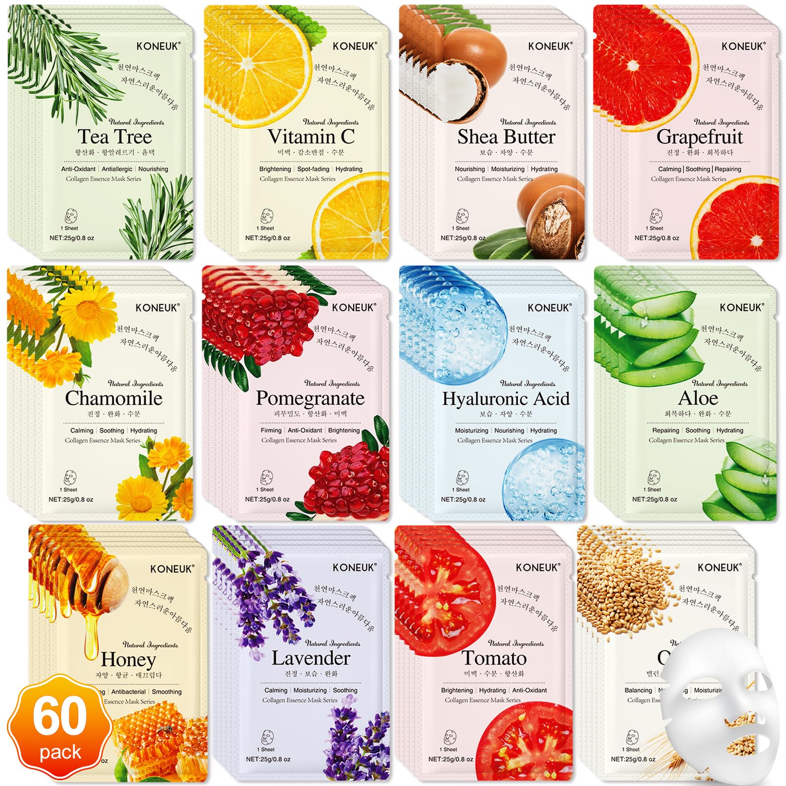 KONEUK 60-pack collagen masks packaging, gift-ready skincare set.