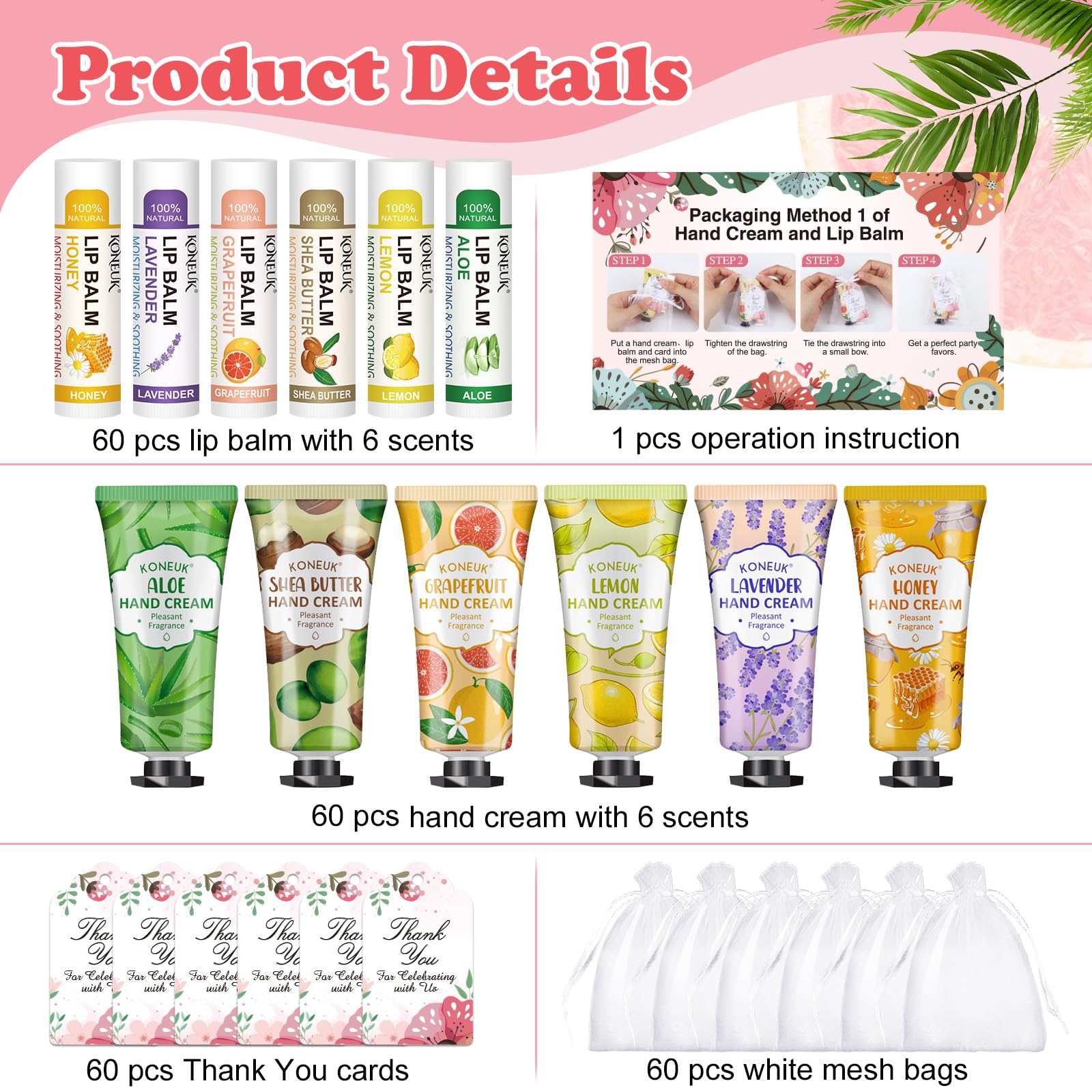 KONEUK 60-pack lip balm bulk set in six scents for gifting