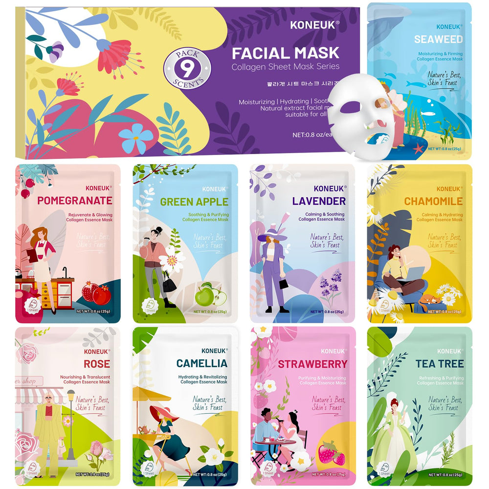 KONEUK nine-pack masks with pomegranate for deep hydration and skin nourishment.