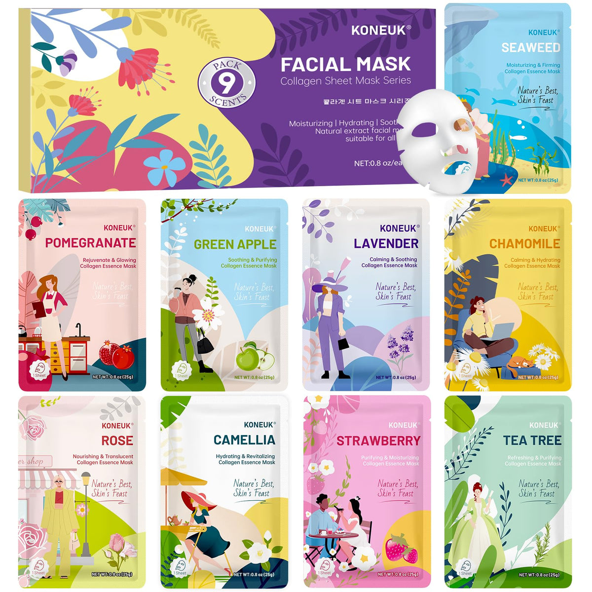 KONEUK nine-pack masks with pomegranate for deep hydration and skin nourishment.