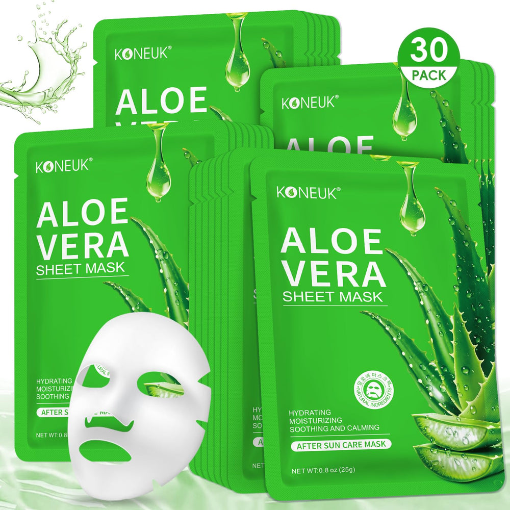 KONEUK Aloe Vera Face Mask 30-pack packaging for bulk hydration