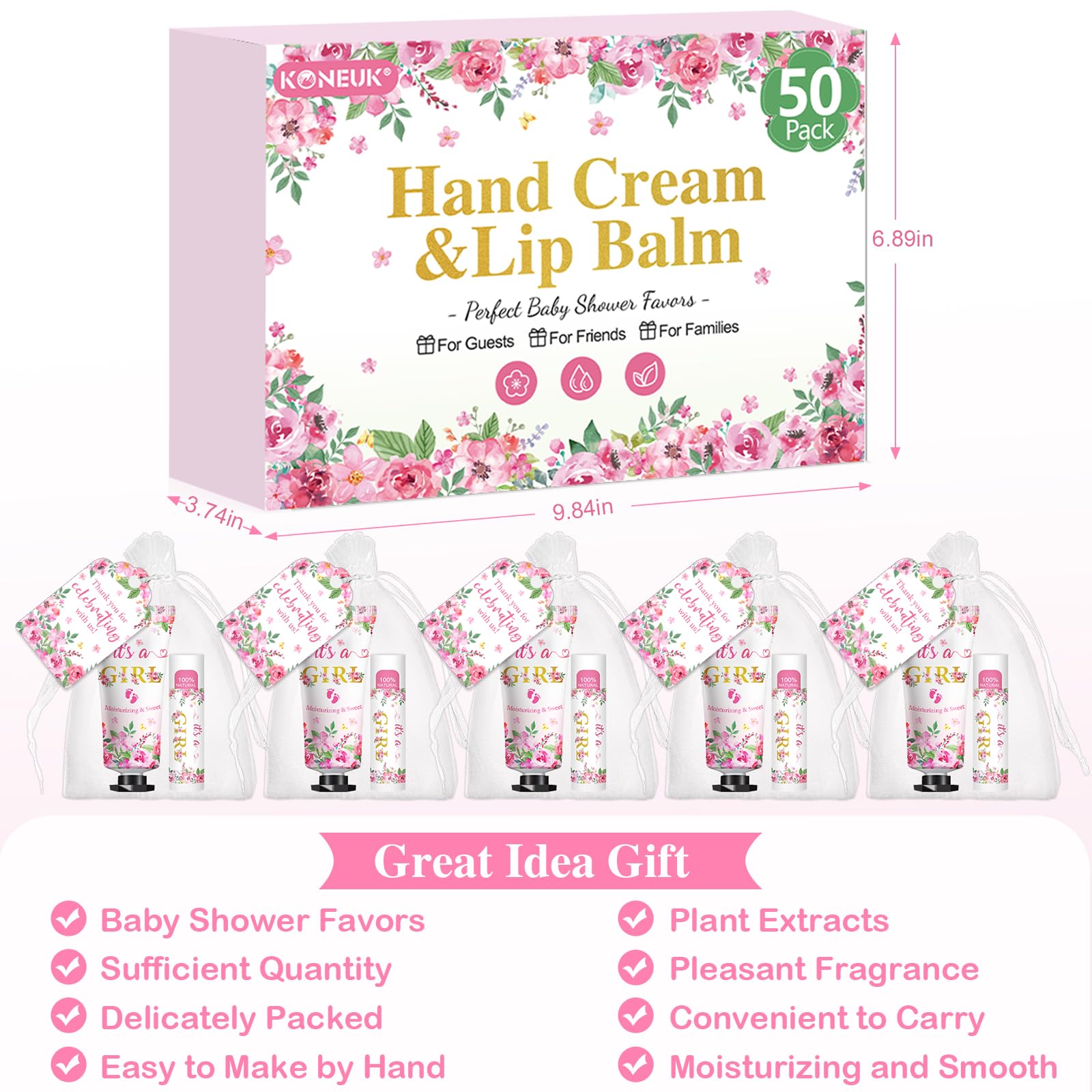 KONEUK pink floral packaging adds cheerful baby shower presentation