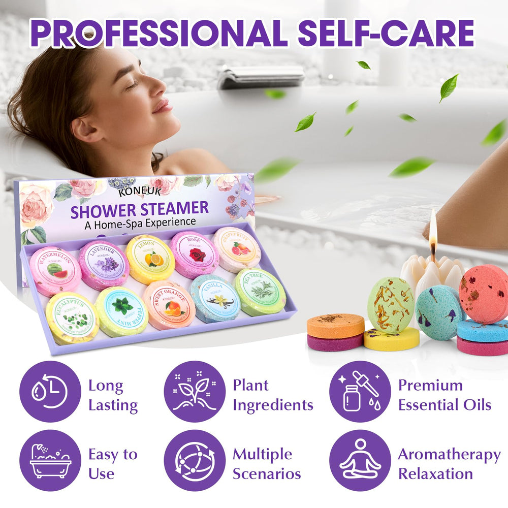 KONEUK shower steamers scents array showcases lemon, lavender, and more.