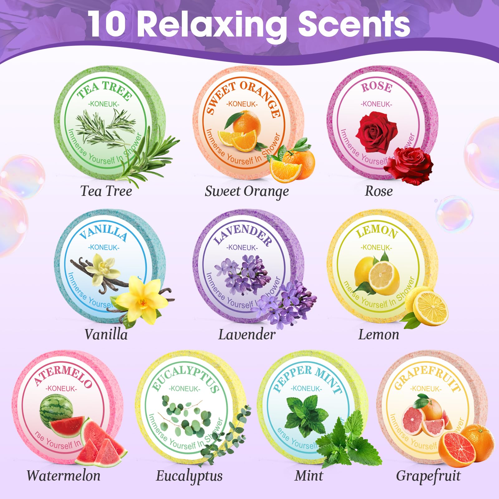 KONEUK shower steamers unwrapped demonstrating individual scent options.