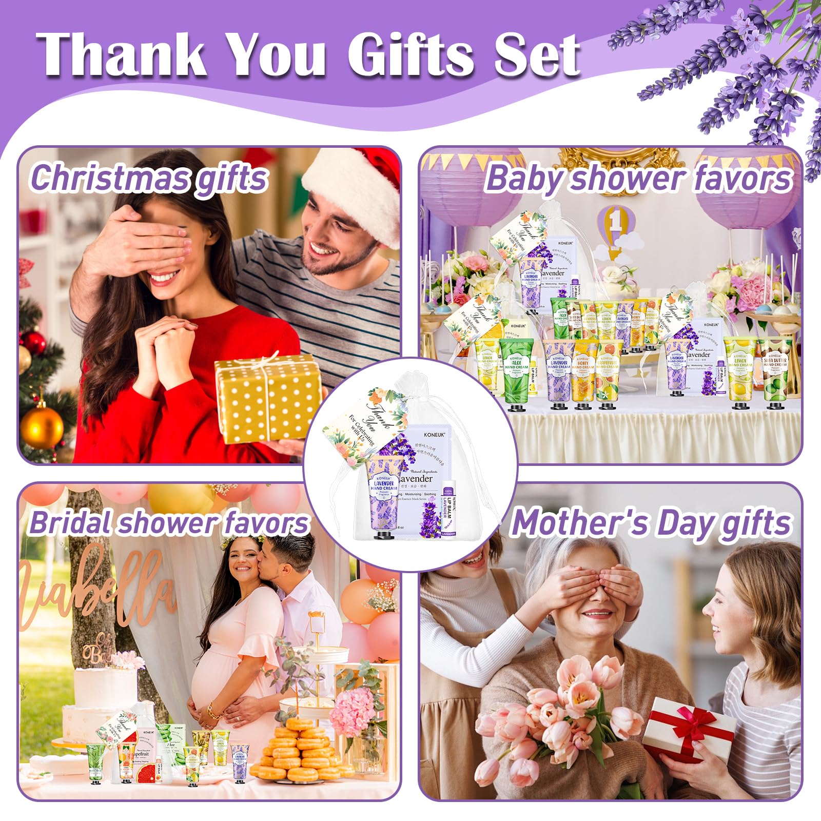 KONEUK six-fragrance selection featuring lavender, honey, lemon, grapefruit, shea butter, aloe.