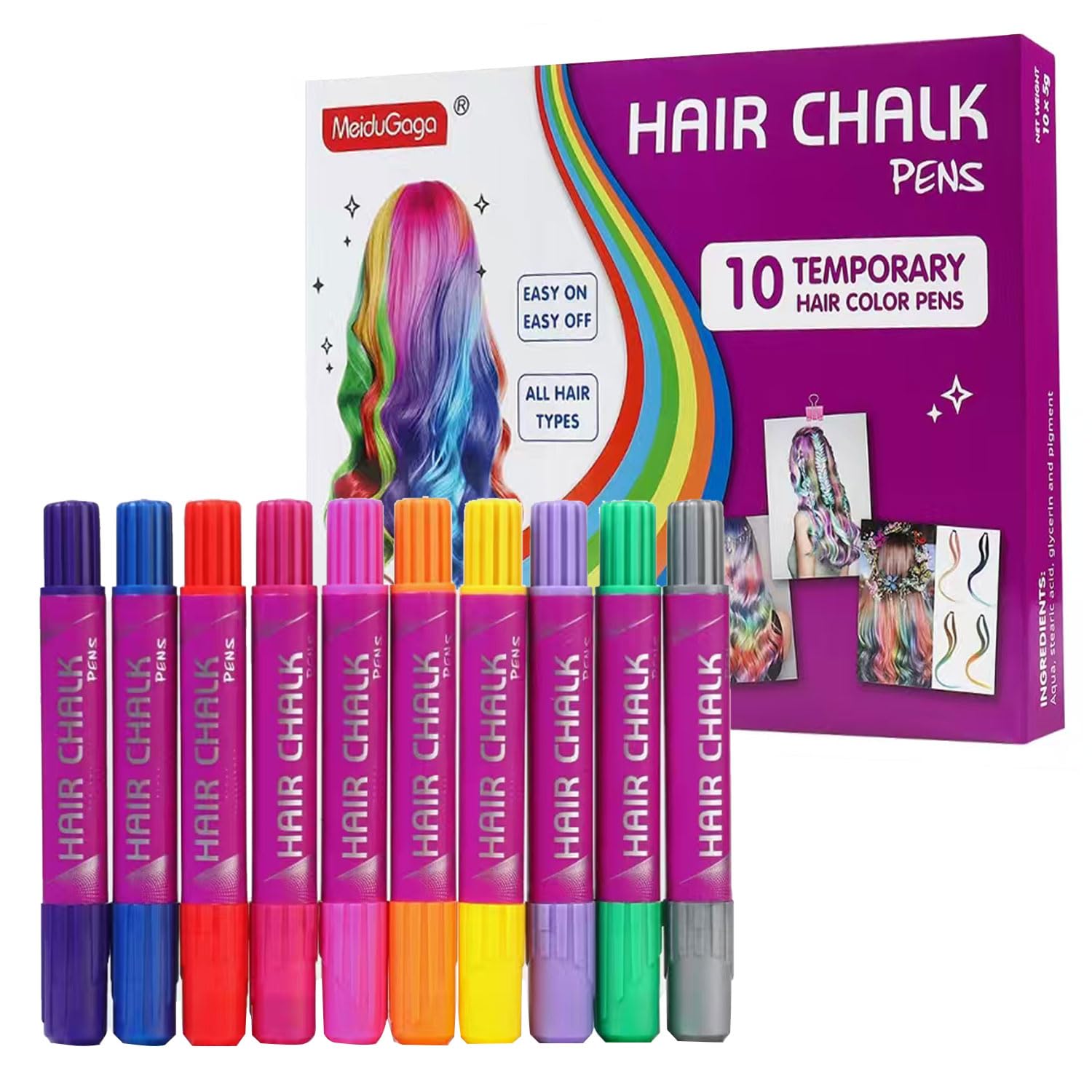 KongJuntzd Girl Gifts Hair Chalk 10-color palette swatches showcase vibrant, washable color for kids' playtime.