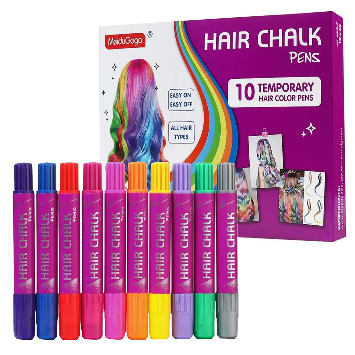 KongJuntzd Girl Gifts Hair Chalk 10-color palette swatches showcase vibrant, washable color for kids' playtime.