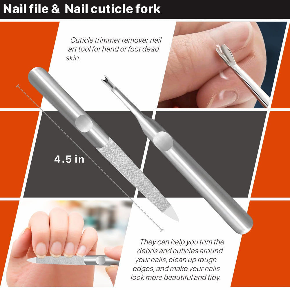 Konovo nail cuticle fork included for careful maintenance around nails.
