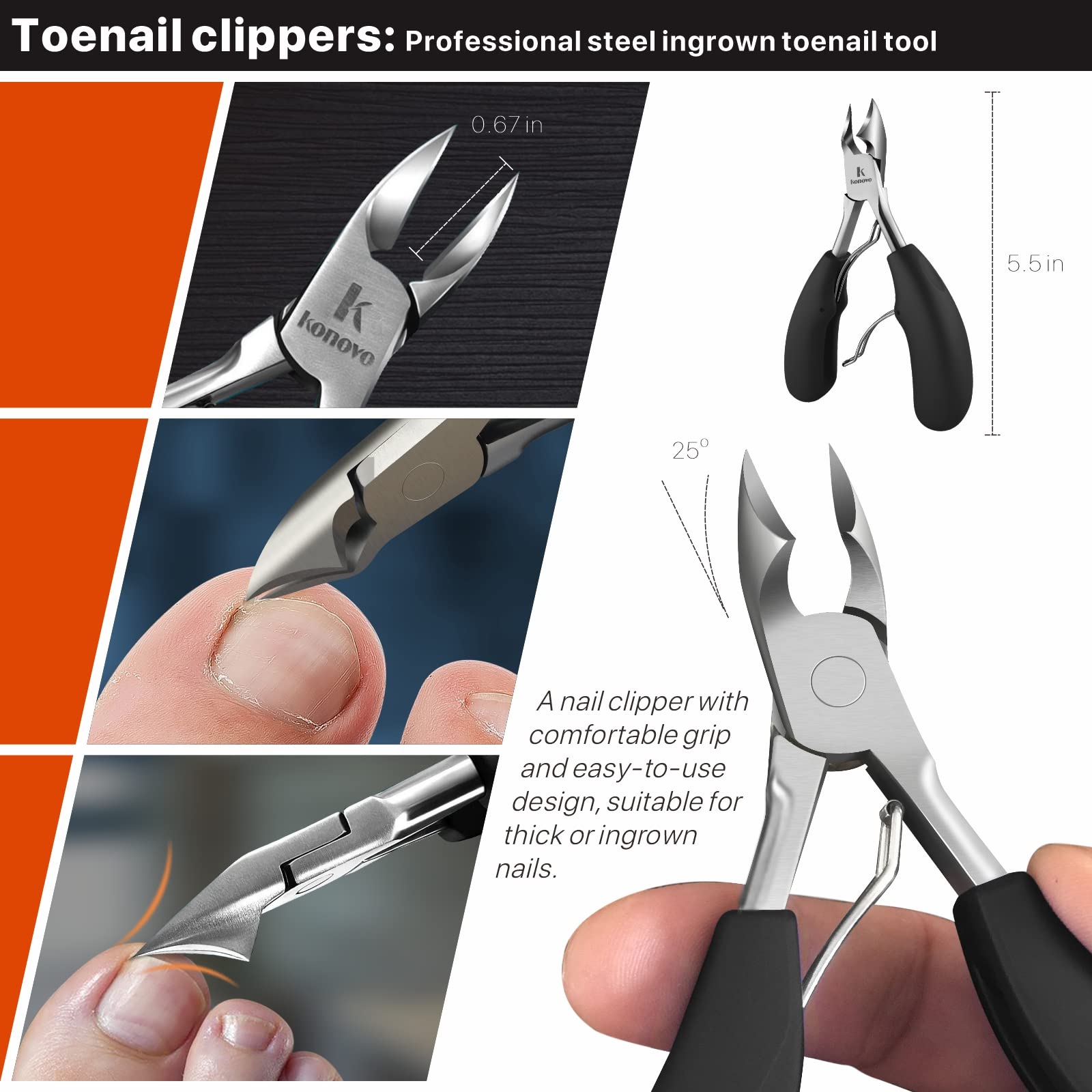 Konovo 16mm wide jaw toenail clippers deliver precise cuts on thick nails.