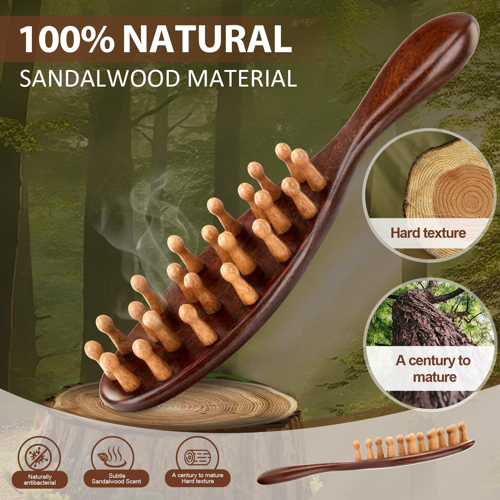 KONOVOLY sandalwood locs brush natural-material closeup highlights warm wood texture.