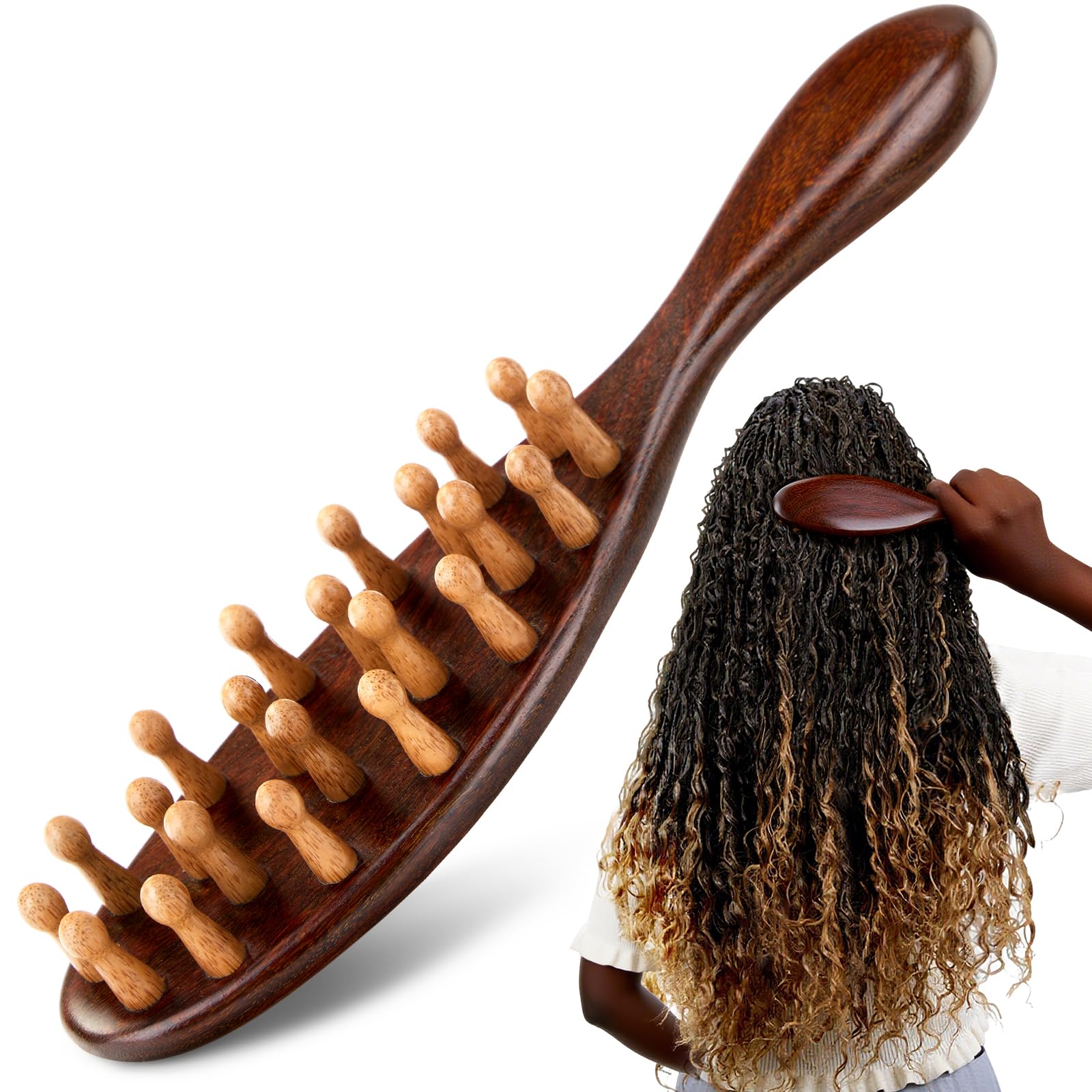 KONOVOLY sandalwood locs brush palm-friendly ergonomic handle for comfortable grooming.